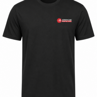 Black Adrenaline Martial Arts cool weave training t-shirt with official logo on the left chest. Lightweight breathable performance sports t-shirt designed for martial arts classes, squad training and fitness sessions.