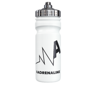 Black and silver Adrenaline Martial Arts sports water bottle with heartbeat logo design and pull-top cap, photographed in a clean minimalist product style on a white background.